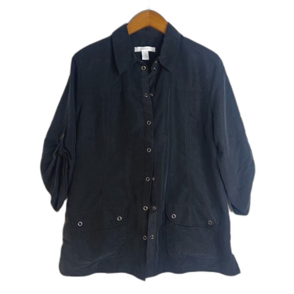Chicos Black Snap Button Front Roll Cuff Back Cinch Casual Shirt Size 1-Small‎